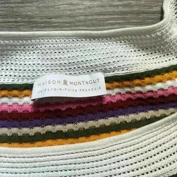 Maison Montagut Balloon Short Sleeve Striped Sweater with Crochet Detail Size M - Picture 3 of 6